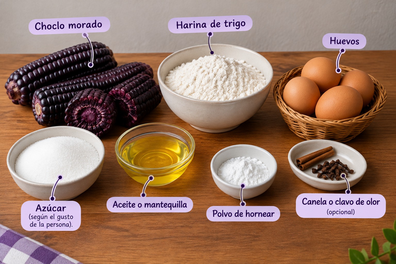 Ingredientes representados en una presentación de keke de chicha morada